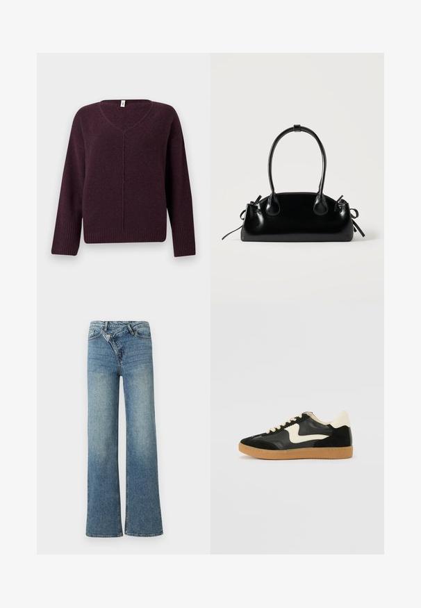 Pull en V de couleur violet foncé, fabriqué à partir d'un tissu doux et texturé. Il présente des manches longues et des bords côtelés aux poignets et à l'ourlet.; Jean en denim bleu clair à jambes larges avec une taille haute, un délavage clair et une fermeture à bouton à l'avant. Comprend cinq poches et des coutures minimales.; Baskets en daim et cuir noir avec un swoosh latéral crème et un talon crème clair. Dotées de lacets beige et d'une semelle en caoutchouc gomme.; Petit sac à main noir brillant avec deux longues anses et des détails à cordon sur les côtés sur un fond clair uni.