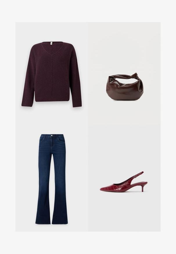 Pull en V de couleur violet foncé, fabriqué à partir d'un tissu doux et texturé. Il présente des manches longues et des bords côtelés aux poignets et à l'ourlet.; Jean en denim bleu foncé avec jambes évasées, poches avant et fermeture à bouton à la taille.; Escarpin à talon kitten en cuir bourgogne avec texture crocodile, bout pointu, bride ajustable et talon bas sur fond blanc.; Sac bandoulière en cuir marron foncé avec une forme souple et décontractée et une anse nouée torsadée sur un fond blanc uni.