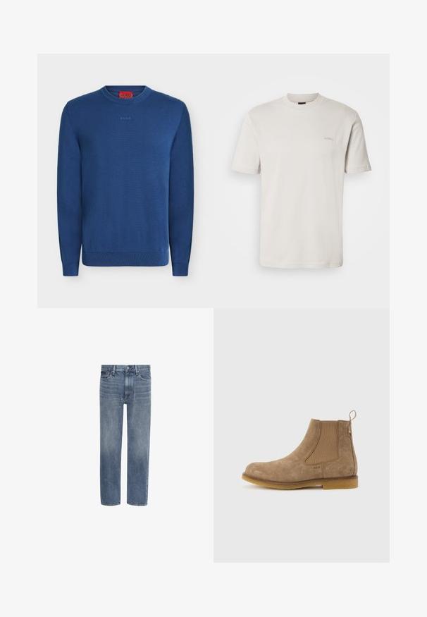 Pull bleu à manches longues avec col rond, poignets et ourlet côtelés, avec un petit logo HUGO embossé sur la poitrine et une étiquette rouge à l’intérieur du cou.; T-shirt à manches courtes de couleur beige clair unie, col rond, avec un petit logo "BOSS" brodé sur le côté gauche de la poitrine.; Jean en denim bleu à jambes droites, avec poches avant, passants de ceinture et fermeture par bouton.; Bottine Chelsea en daim marron clair avec panneaux latéraux élastiques, languette de tirage au talon et semelle en caoutchouc.