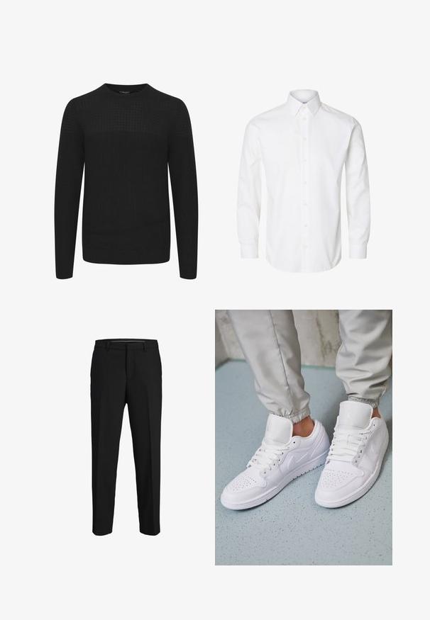 Sort strikket sweater med rund hals, der har et tekstureret øverste panel samt ribbede manchetter og kant. Fremstillet af et blødt og varmt stof.; Hvid skjorte med lange ærmer, knapper foran, spids krave og knappede manchetter.; Sorte bukser lavet af glat stof, med lige snit, bæltestropper og et fladt frontdesign uden synlige mønstre eller pyntegenstande.; Hvide lædersneakers har en perforeret tåboks, flade snørebånd, polstret krave og Jordan-logoet på tungen. Båret med grå joggers.