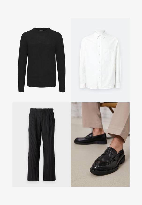 Suéter negro de punto con cuello redondo, que presenta un panel superior texturizado y puños y dobladillo acanalados. Hecho de una tela suave y cálida.; Camisa blanca de manga larga y botones, hecha de una tela ligera. Presenta un bolsillo frontal, cuello clásico y una textura sutil.; Jack & Jones Classic Wide Leg Fit - Pantalones - black; Mocasines de cuero negro con un acabado suave, que cuentan con una correa decorativa y costuras en contraste, combinados con pantalones beiges.