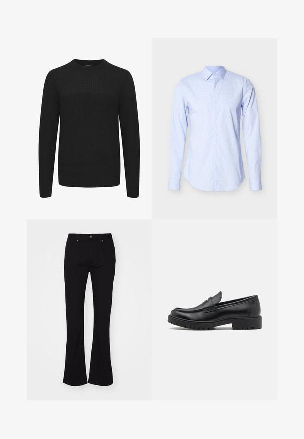 Sort strikket sweater med rund hals, der har et tekstureret øverste panel samt ribbede manchetter og kant. Fremstillet af et blødt og varmt stof.; Lyseblå skjorte med lange ærmer lavet af blødt stof, med et diskret blomsterprint, knapper foran og klassisk krave.; Sorte højtaljede flared jeans med frontknap og fem-lomme-design, præsenteret på en hvid baggrund.; Sorte læder loafers med rund tå, slip-on design og tyk gummisål med tekstureret greb. Forhøjet hæl og subtile syninger.