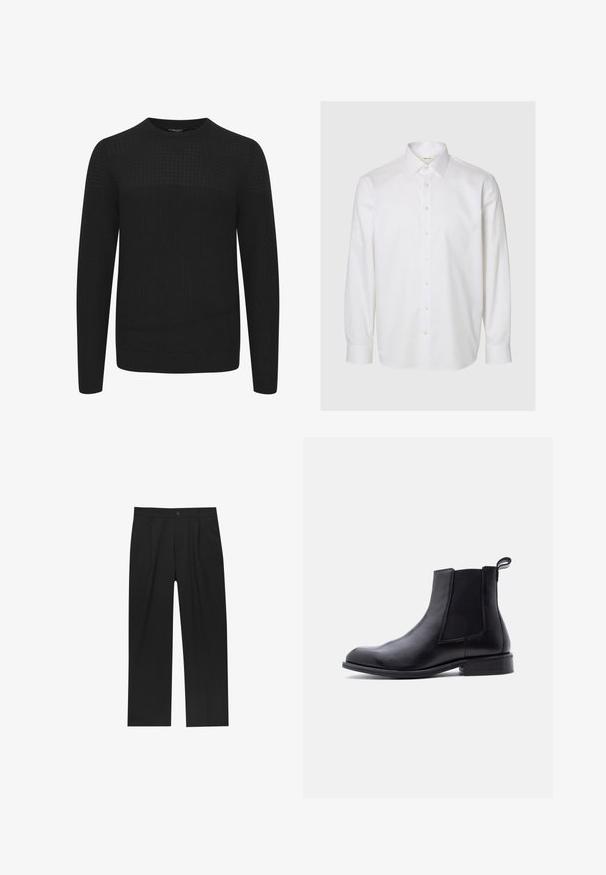 Sort strikket sweater med rund hals, der har et tekstureret øverste panel samt ribbede manchetter og kant. Fremstillet af et blødt og varmt stof.; Hvid langærmet skjorte lavet af bomuld, med klassisk krave, knapper foran og knapper ved manchetterne. Glat tekstur uden synlige mønstre.; Sorte bukser med lige ben, lavet af et glat stof. Har frontfolder og en enkelt knaplukning i taljen.; Sort læder Chelsea-støvle med elastisk sidepanel, trækflig ved hælen, lav blokhæl og glat, rundet tå på hvid baggrund.