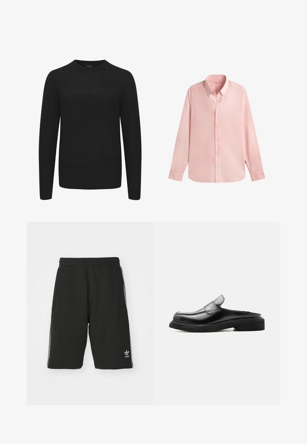 Sort strikket sweater med rund hals, der har et tekstureret øverste panel samt ribbede manchetter og kant. Fremstillet af et blødt og varmt stof.; Lyserød langærmet skjorte med knapper, spids krave, synlige sømme og lille mærke på venstre sidesøm.; Sort shorts lavet af bomuldsblandet materiale med elastisk talje, med hvide sidelister og et lille logo nederst til venstre.; Sort læderloafer med åben hæl, lav hæl og syninger langs overdelen og sålen, vist i sideprofil på hvid baggrund.