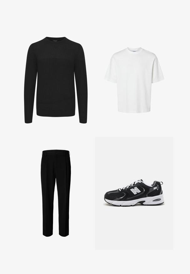 Pull en tricot noir avec un col rond, doté d'un panneau supérieur texturé et de poignets et d'un ourlet côtelés. Fabriqué à partir d'un tissu doux et chaud.; T-shirt blanc uni à manches courtes, col rond et coupe décontractée, présenté sur un fond blanc.; Pantalon formel noir avec passants pour ceinture, bouton frontal et fermeture éclair, présenté sur fond blanc.; Baskets de sport noires et grises avec un tige en mesh et en suède, présentant une semelle intermédiaire blanche, des lacets et un logo "N" audacieux sur le côté.