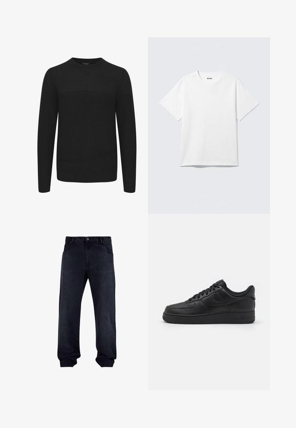 Suéter negro de punto con cuello redondo, que presenta un panel superior texturizado y puños y dobladillo acanalados. Hecho de una tela suave y cálida.; Camiseta blanca de manga corta con cuello redondo, colocada plana, diseño liso, con etiqueta "WEEKDAY" en el interior del cuello sobre un fondo claro.; Vaqueros de mezclilla azul oscuro con un diseño de pierna recta. Presenta cinco bolsillos, un cierre de botón y cremallera, y detalles de costura visibles.; Nike Sportswear AIR FORCE 1 07 FLYEASE - Zapatillas - black