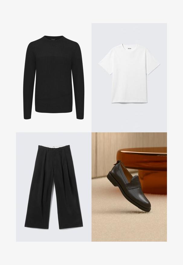 Suéter negro de punto con cuello redondo, que presenta un panel superior texturizado y puños y dobladillo acanalados. Hecho de una tela suave y cálida.; Camiseta blanca de manga corta con cuello redondo, colocada plana, diseño liso, con etiqueta "WEEKDAY" en el interior del cuello sobre un fondo claro.; Pantalones anchos negros con pliegues, trabillas para cinturón y cierre de botón, mostrados sobre un fondo gris claro.; Mocasín de cuero negro con tacón bajo flotando sobre una alfombra beige, junto a una mesa brillante de color ámbar en una habitación minimalista.