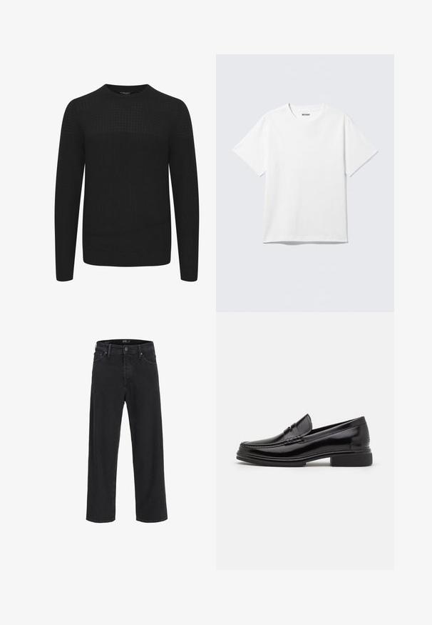 Sort strikket sweater med rund hals, der har et tekstureret øverste panel samt ribbede manchetter og kant. Fremstillet af et blødt og varmt stof.; Hvid kortærmet crewneck T-shirt lagt fladt ud, ensfarvet design, med "WEEKDAY" mærkat inde i kraven på en lys baggrund.; Sorte denim jeans med lige ben, knap- og lynlåslukning, bæltestropper samt for- og baglommer.; Sorte læder loafers med en rund tå, der har en syet detalje over vristen og en lav blokhæl. Glat tekstur og blank finish.