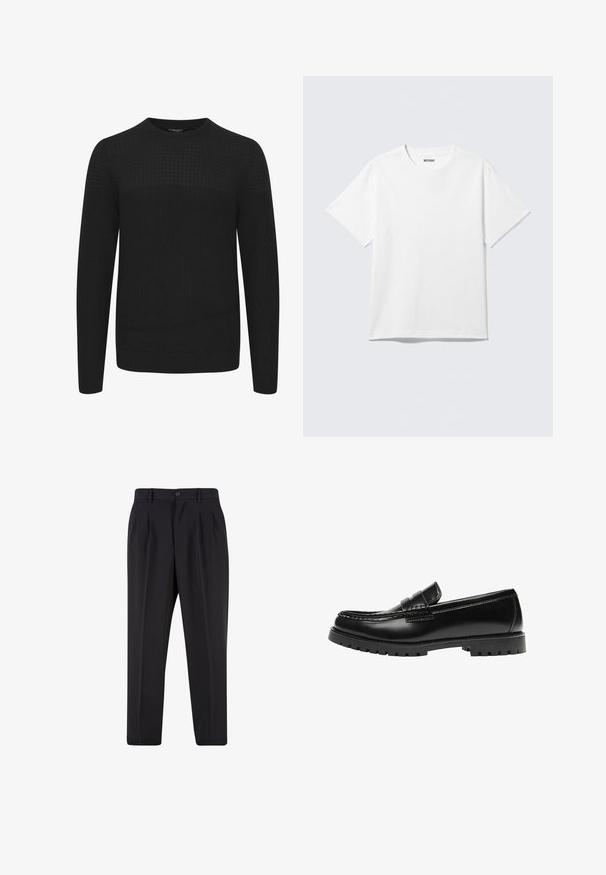 Sort strikket sweater med rund hals, der har et tekstureret øverste panel samt ribbede manchetter og kant. Fremstillet af et blødt og varmt stof.; Hvid kortærmet crewneck T-shirt lagt fladt ud, ensfarvet design, med "WEEKDAY" mærkat inde i kraven på en lys baggrund.; Sorte skræddersyede bukser med forreste læg, bæltestropper og knaplukning i taljen.; Sort læderloafer med en kraftig gummisål og klassiske penny-strap detaljer, vist fra ydersiden.