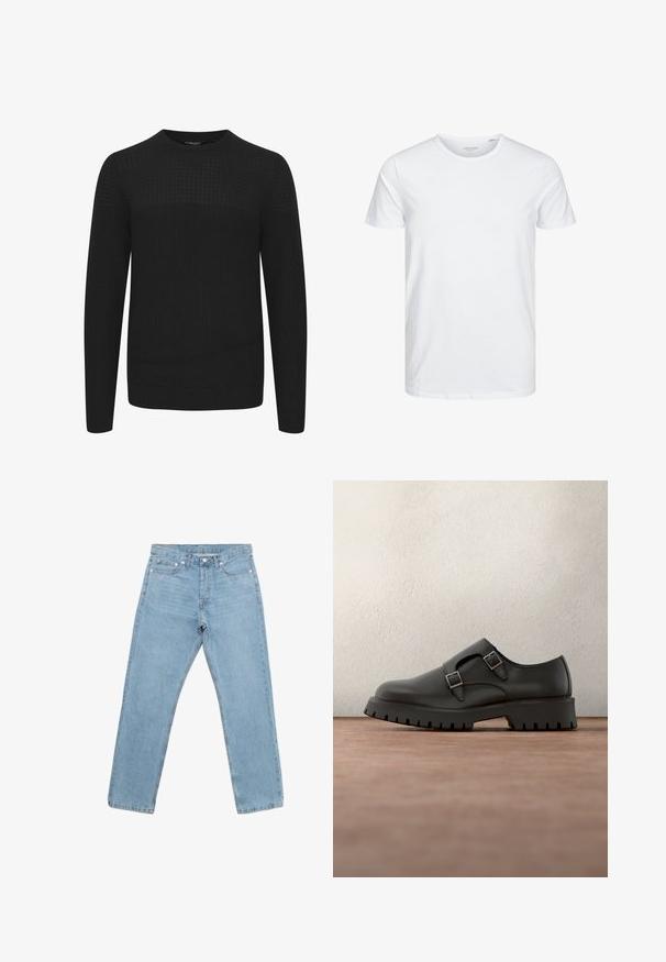 Suéter negro de punto con cuello redondo, que presenta un panel superior texturizado y puños y dobladillo acanalados. Hecho de una tela suave y cálida.; Camiseta de manga corta y cuello redondo en blanco sólido, fabricada en algodón suave, presenta un diseño simple sin patrones ni acentos visibles.; Jeans de mezclilla azul claro con un diseño de pierna recta, que cuentan con un layout de cinco bolsillos, cierre de botón y un ligero desgaste en toda la tela.; Zapato negro de cuero con correas de doble hebilla, punta redonda y suela gruesa de goma texturizada. Diseño minimalista con interior azul en contraste.