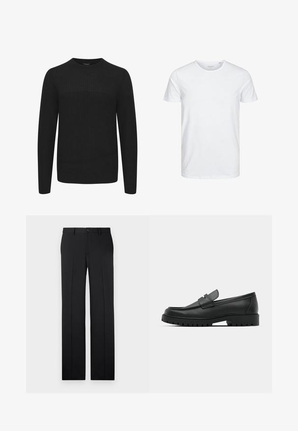 Suéter negro de punto con cuello redondo, que presenta un panel superior texturizado y puños y dobladillo acanalados. Hecho de una tela suave y cálida.; Camiseta de manga corta y cuello redondo en blanco sólido, fabricada en algodón suave, presenta un diseño simple sin patrones ni acentos visibles.; Pantalones negros a medida con corte recto, tejido suave, pliegues frontales y un cierre de botón en la cintura.; Mocasines de cuero negro con punta redonda, que cuentan con un diseño cosido, suela de plataforma baja y una suela de goma texturada y con tacos.