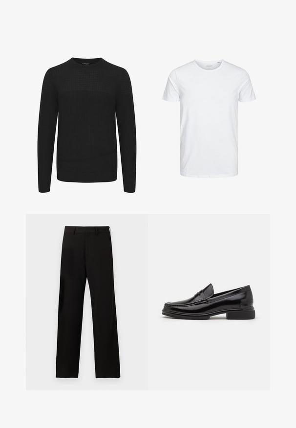 Suéter negro de punto con cuello redondo, que presenta un panel superior texturizado y puños y dobladillo acanalados. Hecho de una tela suave y cálida.; Camiseta de manga corta y cuello redondo en blanco sólido, fabricada en algodón suave, presenta un diseño simple sin patrones ni acentos visibles.; Pantalones negros de corte recto con trabillas para cinturón y bolsillos laterales sobre un fondo blanco liso.; Mocasines de cuero negro con punta redondeada, que presentan un detalle cosido a través del empeine y un tacón bajo y cuadrado. Textura suave y acabado brillante.