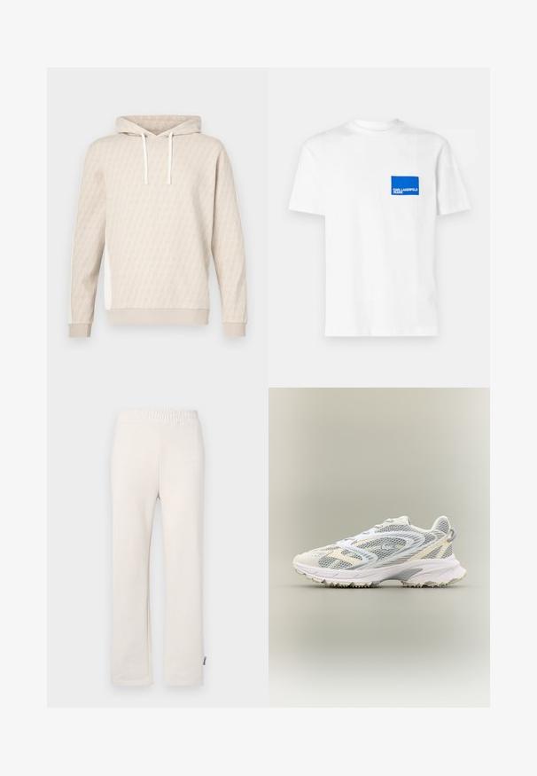 Beige hoodie met een subtiel geometrisch patroon, capuchon met trekkoord, geribbelde manchetten en zijpanelen. Zachte textuur, casual ontwerp.; Witte katoen t-shirt met een blauw rechthoekig logo op de linkerborst met de tekst "KARL LAGERFELD JEANS". Met rond de hals ontwerp.; Beige katoenen trainingsbroek met een elastische tailleband en geborduurd logo. Rechtaan ontwerp met een gladde textuur en subtiele stikdetails.; Witte sportschoen met grijze netpanelen, gestructureerde overlays, een gepolsterde kraag en een rubberen zool met kleine tractiespitten.