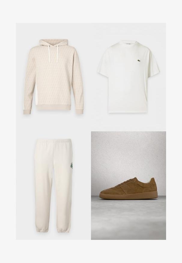 Beige hoodie met een subtiel geometrisch patroon, capuchon met trekkoord, geribbelde manchetten en zijpanelen. Zachte textuur, casual ontwerp.; Witte T-shirt met korte mouwen en ronde hals en een klein groen krokodillenlogo op de linkerborst.; Lichtbeige sweatpants van katoen, met een elastische tailleband, geribde boorden en een groen logo met een bladerenontwerp op het linkerpand.; Bruine suède sneaker met beige veters en rubberen zool. Heeft een afgeronde neus en gestikte details op het bovenwerk. Lichtgewicht ontwerp.