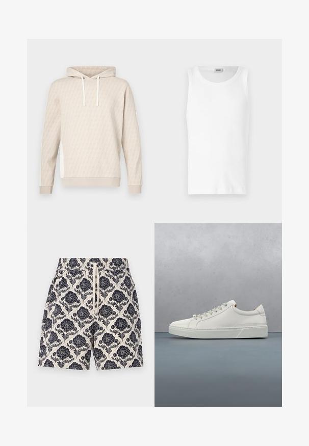 Sweat à capuche beige avec un motif géométrique subtil, capuche à cordon, poignets côtelés et panneaux latéraux. Texture douce, design décontracté.; Débardeur en coton blanc sans manches avec un col rond et une texture lisse. Design simple, sans motifs ni accents.; Shorts imprimés en crème avec un motif floral bleu marine, dotés d'une taille élastique et d'un cordon de serrage, fabriqués en tissu léger.; Baskets en cuir blanc avec un bout arrondi, design minimaliste, lacets gris et semelle en caoutchouc gris texturé. Détails de couture subtils visibles.