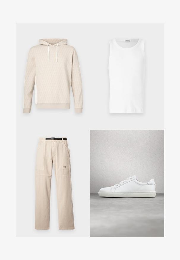 Sweat à capuche beige avec un motif géométrique subtil, capuche à cordon, poignets côtelés et panneaux latéraux. Texture douce, design décontracté.; Débardeur en coton blanc sans manches avec un col rond et une texture lisse. Design simple, sans motifs ni accents.; Pantalon cargo beige à jambe droite, avec passants pour ceinture, grandes poches latérales et une petite étiquette de marque sur la cuisse gauche. Matière en coton.; Sneaker blanche avec une tige en cuir lisse et un profil bas. Présente un bout arrondi, six œillets et une semelle en caoutchouc texturé.