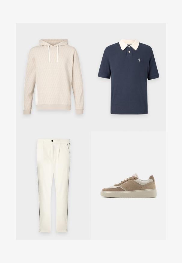 Beige hoodie met een subtiel geometrisch patroon, capuchon met trekkoord, geribbelde manchetten en zijpanelen. Zachte textuur, casual ontwerp.; Marineblauw poloshirt met een crèmekleurige kraag, korte mouwen, geribbelde textuur, drieknopensluiting en een klein geborduurd hartdetail op de borst.; Witte gestreepte broek met een losse pasvorm, voorzien van een zwarte zijstreep, een knoopsluiting en voorplooien voor extra ontwerpdetails.; Beige en lichtbruine suède sneakers met een textuur bovenkant, geperforeerde details op de neus en een rubberen zool. Voorzien van witte veters en merkartikelen.