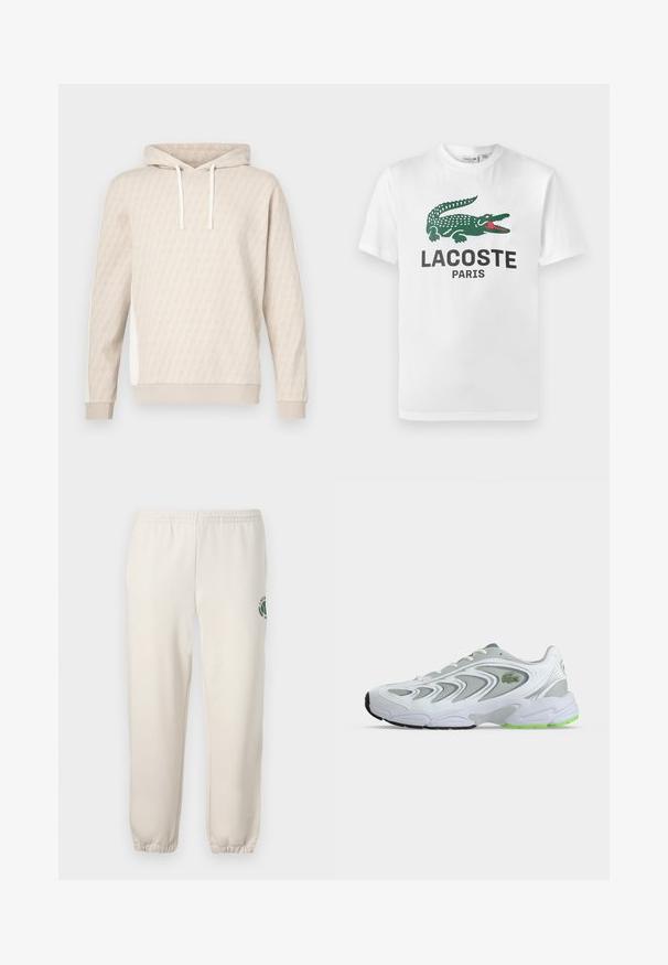 Sweat à capuche beige avec un motif géométrique subtil, capuche à cordon, poignets côtelés et panneaux latéraux. Texture douce, design décontracté.; Lacoste T-shirt imprimé - white; Pantalon de jogging beige clair en coton, doté d'une taille élastique, de poignets en côtes et d'un logo vert avec un design de feuille sur la jambe gauche.; Baskets de sport blanches et grises avec des touches vertes et un logo, panneaux en mesh et une semelle épaisse et rembourrée, vues de côté sur un fond uni.