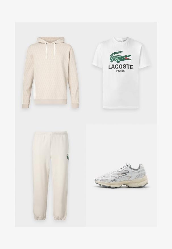 Sweat à capuche beige avec un motif géométrique subtil, capuche à cordon, poignets côtelés et panneaux latéraux. Texture douce, design décontracté.; Lacoste T-shirt imprimé - white; Pantalon de jogging beige clair en coton, doté d'une taille élastique, de poignets en côtes et d'un logo vert avec un design de feuille sur la jambe gauche.; Baskets de sport blanches avec des accents gris, tige en maille et synthétique, design à lacets et semelle en caoutchouc texturée avec motifs de traction.