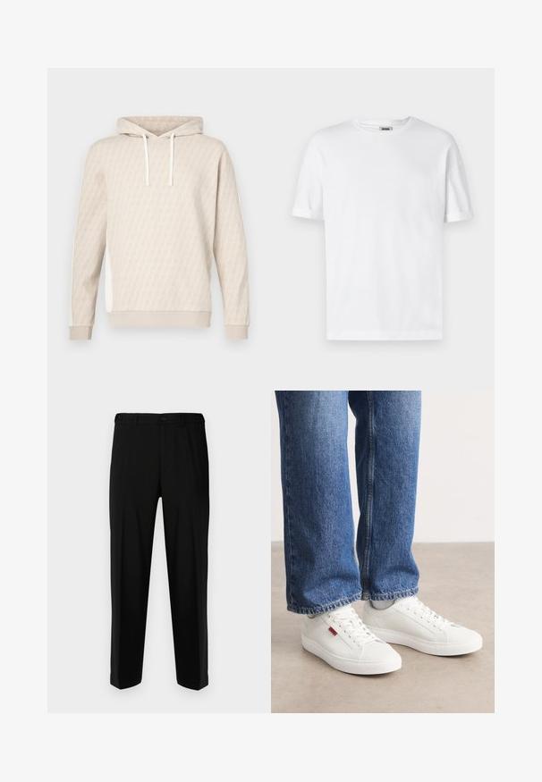 Beige hoodie met een subtiel geometrisch patroon, capuchon met trekkoord, geribbelde manchetten en zijpanelen. Zachte textuur, casual ontwerp.; Witte katoenen t-shirt met een ronde hals, korte mouwen en omgeslagen mouwen; ongecompliceerd ontwerp, zachte textuur en rechte snit.; Zwarte broek van gladde stof, met een rechte snit, twee voorzakken en een ritssluiting met knoopsluiting.; Witte sneakers met een glad oppervlak, ronde neus en platte zool. Vergezeld door blauwe denim jeans met een rechte pasvorm en zichtbare stiksels.