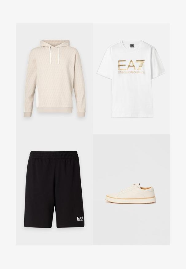 Beige hoodie met een subtiel geometrisch patroon, capuchon met trekkoord, geribbelde manchetten en zijpanelen. Zachte textuur, casual ontwerp.; Witte katoenen T-shirt met een groot gouden metallic "EA7" logo en de tekst "EMPORIO ARMANI" eronder, met korte mouwen en een ronde hals.; Zwarte sportshorts gemaakt van zachte stof, met een elastische tailleband en een klein wit logo aan de onderzijde rechts.; Witte leren sneaker met een ronde neus, eenvoudig vetersluiting ontwerp, gevoerde binnenzool en een contrasterende tan rubberen zool. Zachte textuur overal.