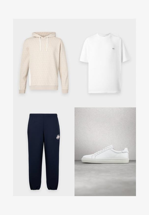 Sweat à capuche beige avec un motif géométrique subtil, capuche à cordon, poignets côtelés et panneaux latéraux. Texture douce, design décontracté.; T-shirt en coton blanc avec col rond et manches courtes. Présente un petit logo lacoste noir sur le côté gauche de la poitrine.; Pantalon de survêtement bleu marine en coton doux avec des poignets et une ceinture élastiques. Arborant un logo blanc Lacoste Paris sur la jambe gauche.; Sneaker blanche avec une tige en cuir lisse et un profil bas. Présente un bout arrondi, six œillets et une semelle en caoutchouc texturé.