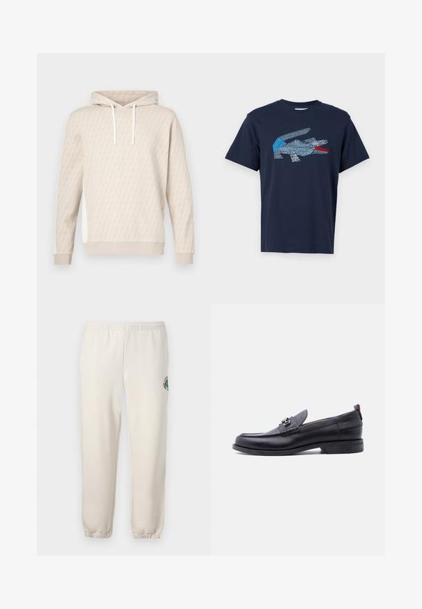 Beige hoodie met een subtiel geometrisch patroon, capuchon met trekkoord, geribbelde manchetten en zijpanelen. Zachte textuur, casual ontwerp.; Lacoste T-shirt print - dark blue; Lichtbeige sweatpants van katoen, met een elastische tailleband, geribde boorden en een groen logo met een bladerenontwerp op het linkerpand.; Zwarte leren loafer met grijze, gestructureerde vamp, zilveren metalen gesp, lage hak en trekkoord aan de achterkant.