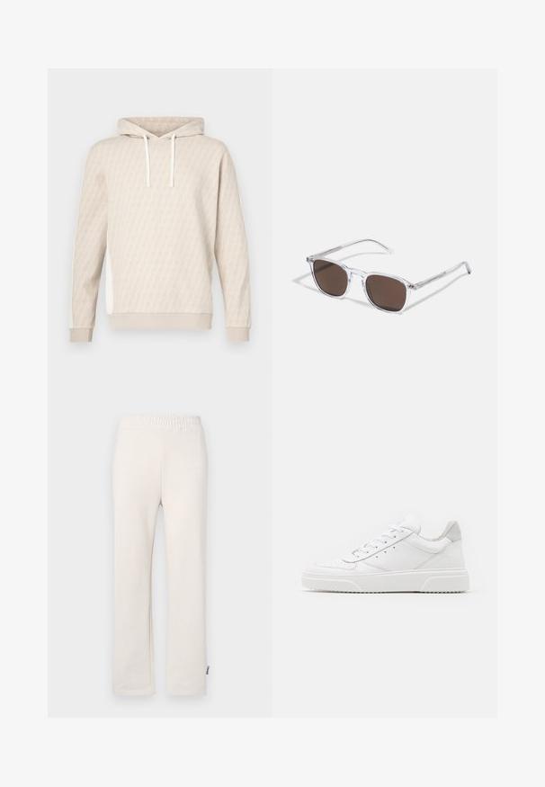 Sweat à capuche beige avec un motif géométrique subtil, capuche à cordon, poignets côtelés et panneaux latéraux. Texture douce, design décontracté.; Pantalons de survêtement en coton beige avec une taille élastique et un logo brodé. Design à jambes droites avec une texture lisse et des détails de couture subtils.; Des baskets en cuir blanc avec une finition lisse, un bout rond, des lacets plats et une semelle texturée. Accents en daim gris au niveau du talon.; Lunettes de soleil en plastique transparent avec des verres marron rectangulaires, dotées de branches fines et transparentes ainsi que d'accents en métal sur les tempes.