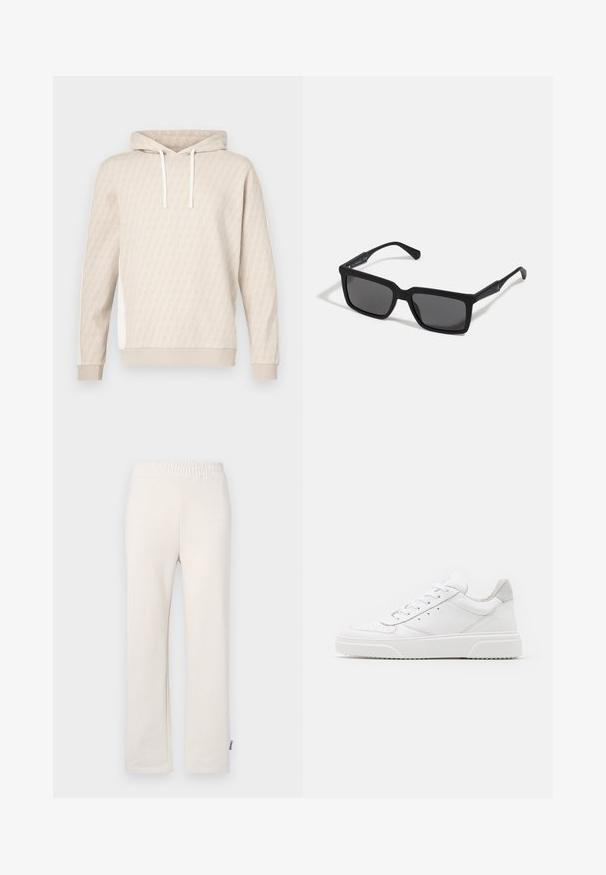 Beige hættetrøje med et diskret geometrisk mønster, snøre i hætten, ribstrikkede ærmeender og sidepaneler. Blød tekstur, afslappet design.; Beige bomulds-sweatpants med elastisk talje og broderet logo. Lige ben design med en glat tekstur og subtile syninger.; Hvide lædersneakers med en glat finish, rund tå, flade snørebånd og en struktureret sål. Grå ruskindsdetalje ved hælen.; Sorte solbriller med rektangulære linser, mat finish, tykke stel og slanke arme med en subtil brandingdetalje.