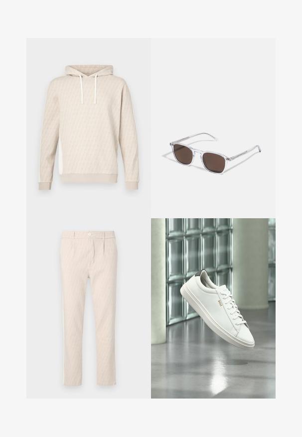 Sweat à capuche beige avec un motif géométrique subtil, capuche à cordon, poignets côtelés et panneaux latéraux. Texture douce, design décontracté.; Pantalon beige à motifs avec un design discret de feuilles, bien coupé, fermeture par bouton et poches latérales. Texture de tissu lisse.; Baskets basses en cuir blanc avec lacets, languette de talon noire et logo « BOSS », flottant à l'intérieur près d'un mur en blocs de verre et d'un sol poli.; Lunettes de soleil en plastique transparent avec des verres marron rectangulaires, dotées de branches fines et transparentes ainsi que d'accents en métal sur les tempes.