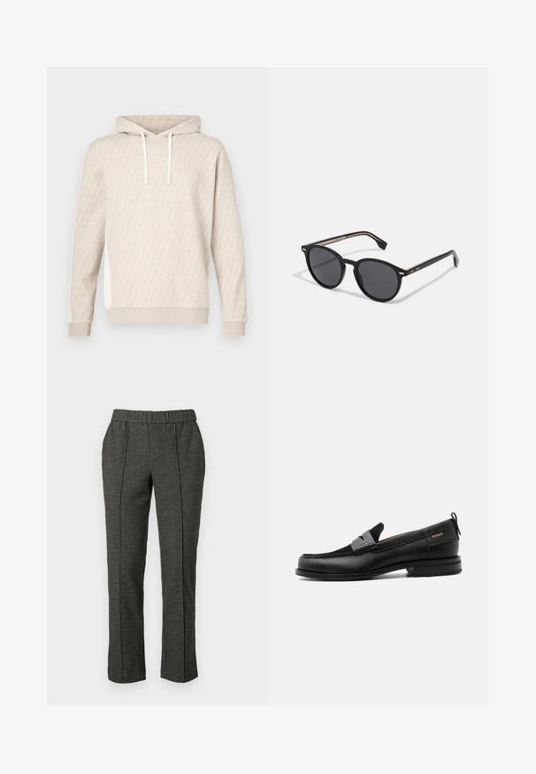 Sweat à capuche beige avec un motif géométrique subtil, capuche à cordon, poignets côtelés et panneaux latéraux. Texture douce, design décontracté.; Pantalons taillés gris en tissu texturé, avec une taille élastique, des jambes droites et des détails de plis à l'avant.; Mocassin en cuir noir avec détail de bride grise, talon bas et semelle texturée, marqué "HUGO" en or sur le côté.; BOSS Lunettes de soleil - black