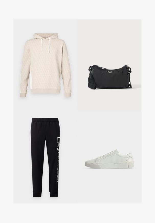 Beige hoodie met een subtiel geometrisch patroon, capuchon met trekkoord, geribbelde manchetten en zijpanelen. Zachte textuur, casual ontwerp.; Zwarte sweatpants van een katoenmix, met een elastische tailleband, taps toelopende benen, ribgebreide boorden en een wit logo-opdruk langs de zijkant.; Witte lage leren sneaker met witte veters en een getextureerde rubberen zool, zijaanzicht tegen een effen achtergrond.; Zwarte rechthoekige crossbodytas met zilveren merklogo-embleem en verstelbare band op een lichte achtergrond.