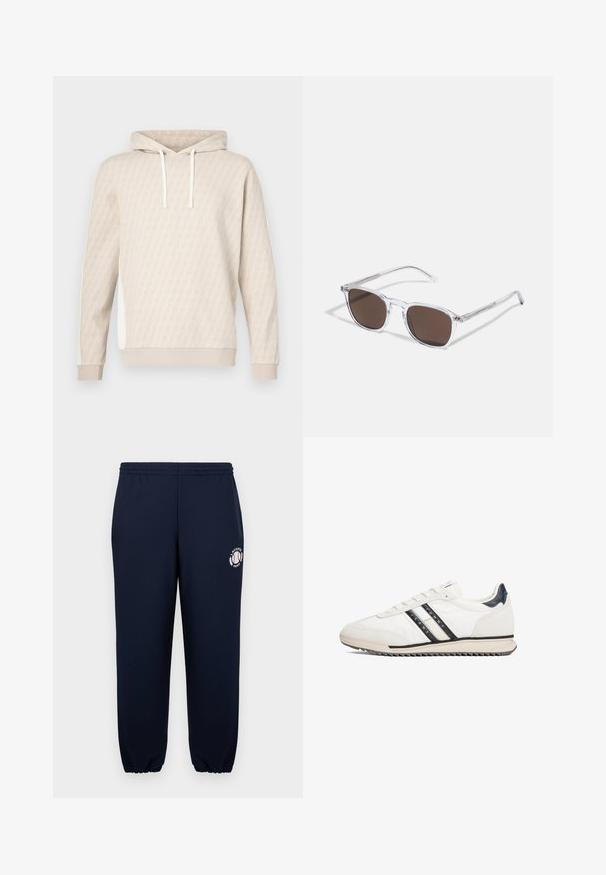 Beige hoodie met een subtiel geometrisch patroon, capuchon met trekkoord, geribbelde manchetten en zijpanelen. Zachte textuur, casual ontwerp.; Marineblauwe trainingsbroek van zacht katoen met elastische boorden en tailleband. Bevat een wit Lacoste Parijs-logo op het linkerpijp.; Witte sportschoen met zwarte en crèmekleurige strepen, bovenwerk van gladleder, rubberen zool en een gestructureerde hielaccent. Veters en logo aan de zijkant.; Heldere plastic zonnebril met rechthoekige bruine lenzen, voorzien van dunne, doorzichtige veren en metalen accenten op de sleep.