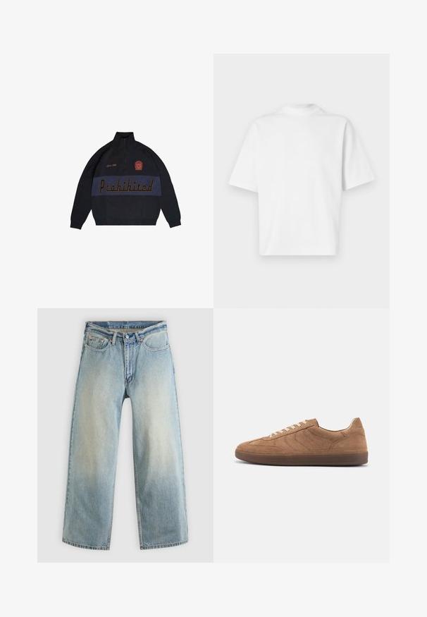 Sort strikpullover med høj krave og lynlås. Har "Forbudt" i fede bogstaver og et detaljeret emblem på brystet. Struktureret ensfarvet.; Simpel hvid oversized T-shirt med korte ærmer og høj rund halsudskæring på en hvid baggrund.; Lyseblå, vidbenede cowboybukser med en falmet finish. Har et standard fem-lomme-design og lukning med metal knap.; Lav profil brun ruskind sneaker med beige snørebånd og mørkebrun gummisål, vist fra siden på ensfarvet baggrund.