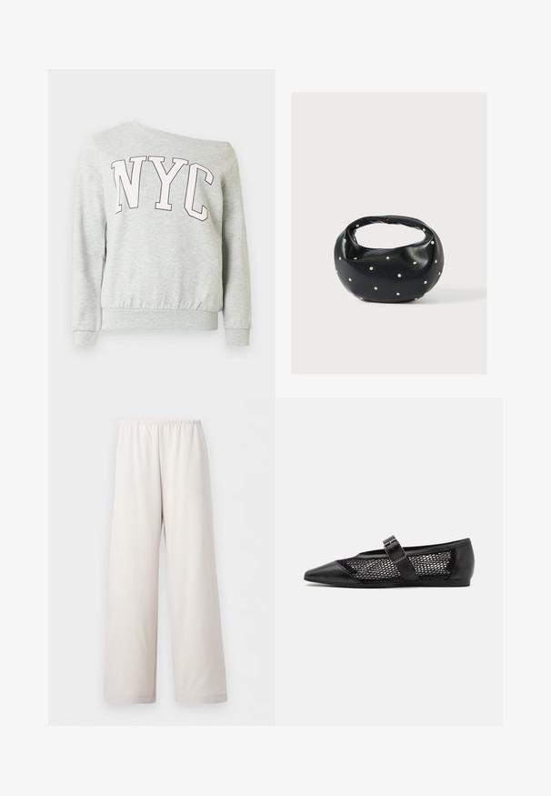 Sweat-shirt gris clair à manches longues avec de grandes lettres roses "NYC" sur la poitrine, poignets et ourlet côtelés.; Pantalon beige crème coupe ample avec taille élastique et jambes larges droites, présenté sur fond blanc uni.; Chaussure plate noire avec un bout pointu, panneaux latéraux en maille et une sangle avec une boucle décorative. Fini lisse sur les sections du bout et du talon.; Sac à main en cuir noir de forme arrondie, décoré de clous argentés et équipé d'une poignée courte. Texture lisse et fermeture éclair.