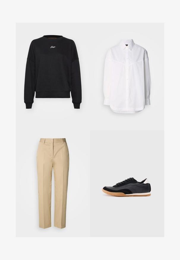 Zwarte sweatshirt met een ronde hals, verlaagde schouders en ribgebreide manchetten. Bevat subtiele witte logo-geborduurde op de borst. Zachte stofstructuur.; Witte lange mouwen shirt van katoen, met een button-down kraag, knopen aan de voorkant en een ontspannen pasvorm met subtiele stikdetails.; Beige rechte broek met riemlussen, voorplooi en verborgen sluiting, afgebeeld tegen een lichte achtergrond.; Zwarte en grijze sport schoenen van synthetische materialen, met een gestructureerde zwarte neuskap, een gegroefde rubberen zool en een witte hielaccent.