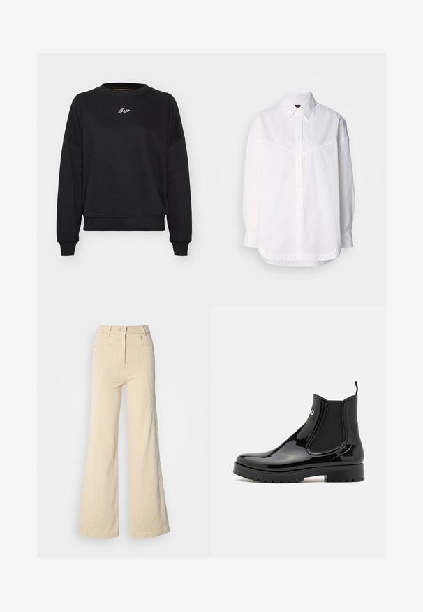 Sudadera negra con cuello redondo, hombros caídos y puños acanalados. Presenta un sutil bordado de logo blanco en el pecho. Textura de tela suave.; Camisa de manga larga blanca de algodón, con cuello abotonado, botones frontales y un corte holgado con detalles de costura sutiles.; Jeans beige de pierna ancha con cintura alta, bolsillos frontales y costuras en contraste, con cierre de botón y una textura de algodón suave.; HUGO TABITA - Botas de agua - black