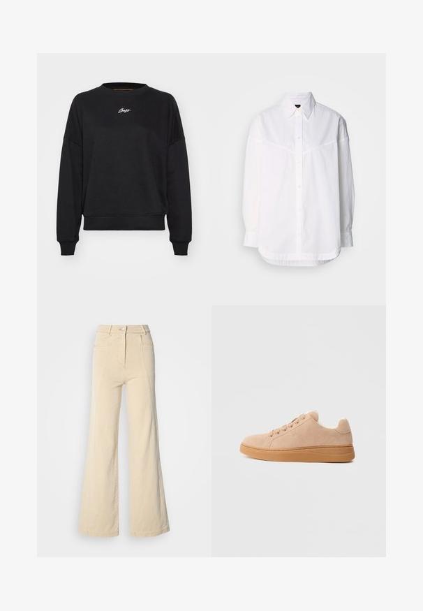Musthave mustikasvärvi dressipluus ümarate kaeluste, langenud õlgade ja soonikuga mansettidega. Rinnal on peene valge logo tikand. Sile kangas.; Valge pika varrukaga särk, mis on valmistatud puuvillast, funktsioonid nööbiga krae, eesmine nööpide rida ja lõdva lõikega koos peente õmblusdetailidega.; Beezhi laia säärega teksad kõrge vöökoht, esipocketid ja kontrastne õmblus, millel on nuppe sulgemine ja sile puuvillane tekstuur.; Bee77a, sametise sisekattega tennised, millel on kuus paelasilma ja tekstureeritud kummist tald. Tugevdatud õmblused servadel.
