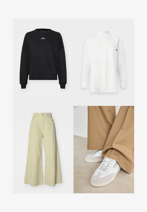 Musthave mustikasvärvi dressipluus ümarate kaeluste, langenud õlgade ja soonikuga mansettidega. Rinnal on peene valge logo tikand. Sile kangas.; Valge pikka varrukat valmistatud puuvilla ja sünteetilise segu kangast, millel on nööbitav krae, eesttasku ja rindkeres väike must logo.; Heledad-põlvkondri-toodangud heledas rohelises, kõrge vöökohaga, kahe esikoti ja laia lõikega, vertikaalse soonelise tekstuuriga.; Valged tenniset jalatsid, millel on nahast aksendid, tekstuuriga nöörid ja kummist talla. Kõrvuti laia tan värvi pükstega. Logo on külje peal.