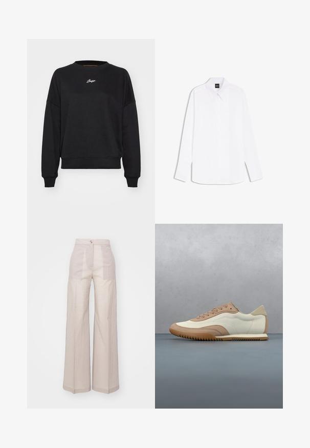 Zwarte sweatshirt met een ronde hals, verlaagde schouders en ribgebreide manchetten. Bevat subtiele witte logo-geborduurde op de borst. Zachte stofstructuur.; Wit overhemd met lange mouwen, puntkraag en verborgen knopenlijst, met het label "BOSS" bij de halslijn.; Beige wijde pantalon gemaakt van een lichte geweven stof, met een hoge taille, enkele knoopsluiting aan de voorkant en subtiele textuur.; Crème- en beige sneaker met een textuur bovenwerk, veters en een rubberen zool, gepresenteerd boven een houten oppervlak met kiezelstenen.