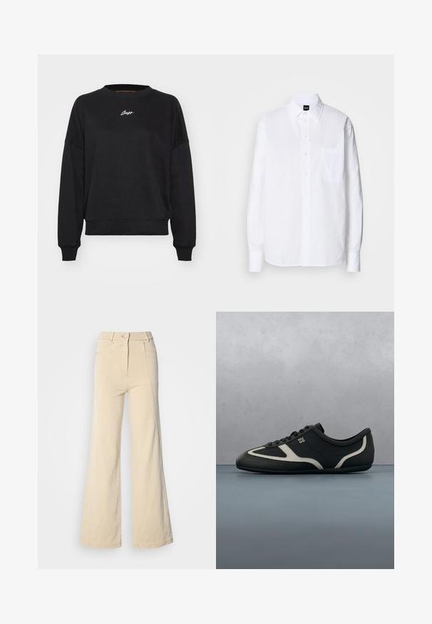 Sweatshirt noir à col rond, épaules tombantes et manches à bords côtes. Présente un subtile logo brodé en blanc sur la poitrine. Texture du tissu lisse.; Chemise blanche à boutons, en coton, avec un col classique, des manches longues, une poche poitrine et une texture lisse et structurée.; Jeans beige à jambes larges avec taille haute, poches avant, et couture contrastée, dotés d'une fermeture à bouton et d'une texture en coton lisse.; Baskets noires avec tige en cuir texturé, accents gris contrastants, bout rond et semelle plate. Dotées de lacets et d'un logo de marque sur le côté.