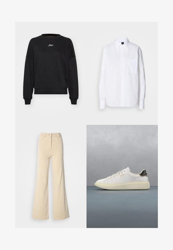 Sudadera negra con cuello redondo, hombros caídos y puños acanalados. Presenta un sutil bordado de logo blanco en el pecho. Textura de tela suave.; Camisa blanca de botón hecha de algodón, con cuello clásico, mangas largas, un bolsillo en el pecho y una textura suave y crujiente.; Jeans beige de pierna ancha con cintura alta, bolsillos frontales y costuras en contraste, con cierre de botón y una textura de algodón suave.; Zapatilla blanca con parte superior de cuero suave, presenta un talón de cuero en tonos marrón y negro, cordones redondos y una suela de goma beige gruesa. Detalle del logo en dorado.