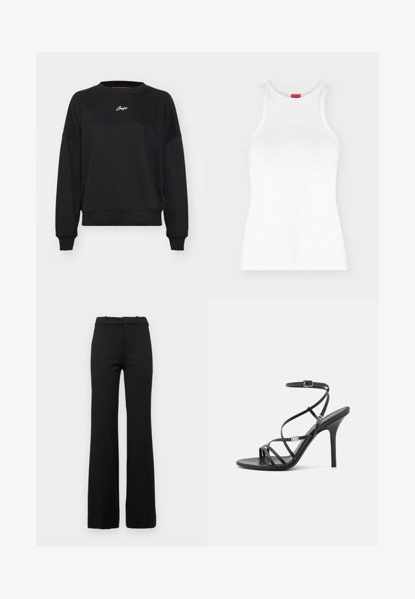 Zwarte sweatshirt met een ronde hals, verlaagde schouders en ribgebreide manchetten. Bevat subtiele witte logo-geborduurde op de borst. Zachte stofstructuur.; Wit mouwloos geribd tanktopje met hoge ronde hals en aansluitende pasvorm, weergegeven op een effen lichte achtergrond.; Zwarte op maat gemaakte flared broek met een gladde textuur, voorzien van een tailleband met riemlussen en een ritssluiting aan de voorkant.; Zwarte hoge hakken sandaal met dunne banden, een enkelgesp, een gladleren oppervlak en een slanke stilettohak.