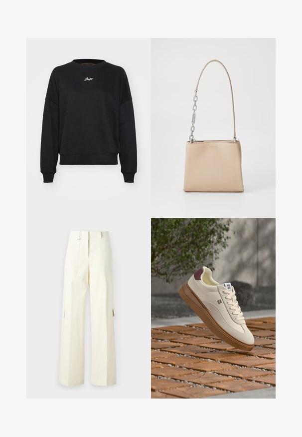 Zwarte sweatshirt met een ronde hals, verlaagde schouders en ribgebreide manchetten. Bevat subtiele witte logo-geborduurde op de borst. Zachte stofstructuur.; Wijdvallende cargo-broek in lichtcrème stof, met opgestikte zakken, een hoge taille en zijsplitten voor extra detail en functionaliteit.; Crèmekleurige sneaker met bruine zool en hieldetail, merk "Hugo", hangend boven een patroon van houten en kiezels buitenvloer.; Beige leren handtas met een gladde textuur, voorzien van een zilveren kettingaccent op het handvat en een ritssluiting. "HUGO" is op de voorkant hotstempeld.