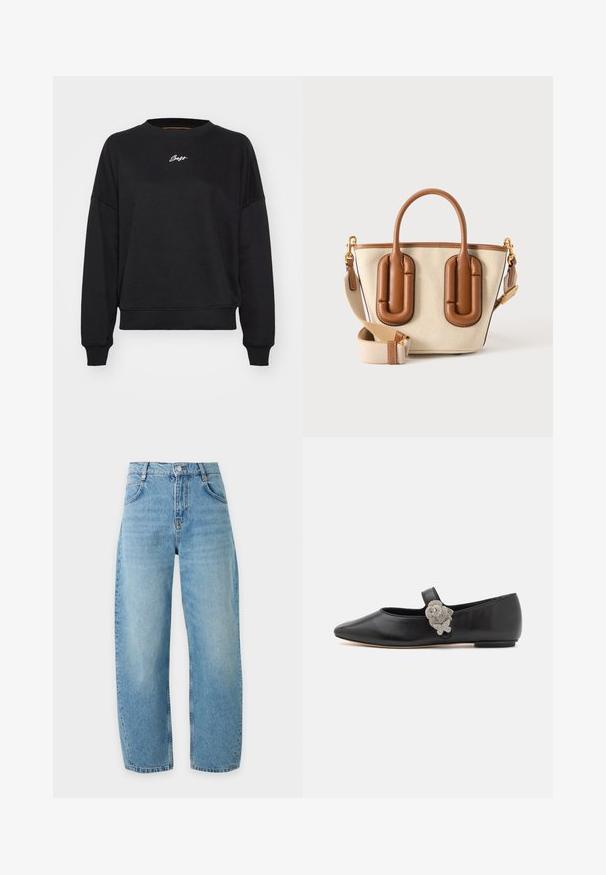 Sweatshirt noir à col rond, épaules tombantes et manches à bords côtes. Présente un subtile logo brodé en blanc sur la poitrine. Texture du tissu lisse.; Jean bleu clair taille haute à jambes droites avec fermeture bouton et fermeture éclair, poches avant et passants de ceinture sur un fond uni.; Sophia Webster TITANIA - Babies - black/crystal; Sac à main en toile beige avec poignées et détails en cuir marron, doté d'une bandoulière amovible en tissu beige avec ferrures dorées.