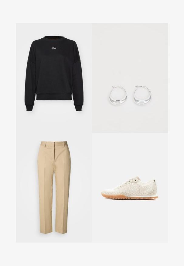 Sweatshirt noir à col rond, épaules tombantes et manches à bords côtes. Présente un subtile logo brodé en blanc sur la poitrine. Texture du tissu lisse.; Pantalon beige à jambe droite avec passants pour ceinture, pli avant et fermeture dissimulée, présenté sur un fond clair.; Baskets en mesh beige clair avec lacets, semelle en caoutchouc à motif zigzag, et logo brodé discret sur le côté, vues de profil gauche.; Boucles d'oreilles en argent avec une finition polie et un branding DKNY, présentées sur un fond blanc uni.