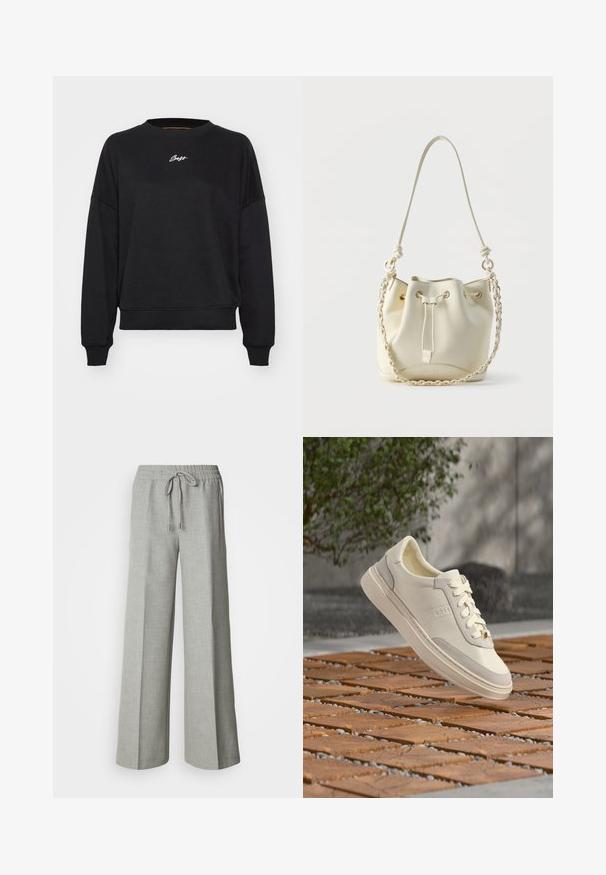 Zwarte sweatshirt met een ronde hals, verlaagde schouders en ribgebreide manchetten. Bevat subtiele witte logo-geborduurde op de borst. Zachte stofstructuur.; Lichtgrijze wijde broek met elastische tailleband en trekkoord, voorzakken en een subtiele gestructureerde stof.; Witte BOSS sneaker met veters die zweeft boven een houten en kiezelachtige ondergrond met patroon, groene struik en grijze muur op de achtergrond.; Crèmekleurige leren buideltas met trekkoordsluiting, gevlochten ketting- en leren schouderriem, en goudkleurige oogringen.
