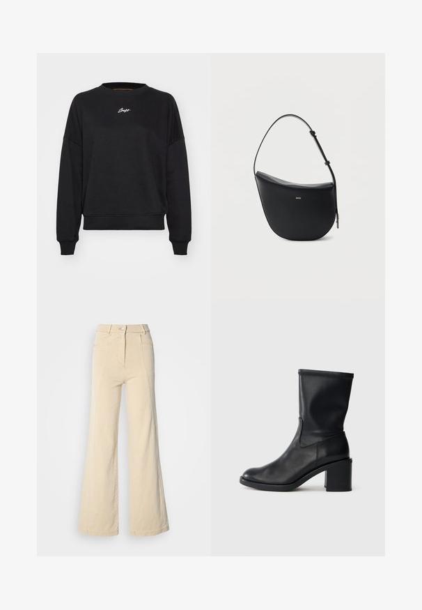 Musthave mustikasvärvi dressipluus ümarate kaeluste, langenud õlgade ja soonikuga mansettidega. Rinnal on peene valge logo tikand. Sile kangas.; Beezhi laia säärega teksad kõrge vöökoht, esipocketid ja kontrastne õmblus, millel on nuppe sulgemine ja sile puuvillane tekstuur.; Must musta säärik, millel on ümar tera, sile tekstuur ja jäme konts, omades sobivat varrast ning peent õmblusdetaili.; Mustast nahast poolkuu-kujuline õlakott reguleeritava rihmaga ja esiküljel keskel kuldse „BOSS“ logoga.