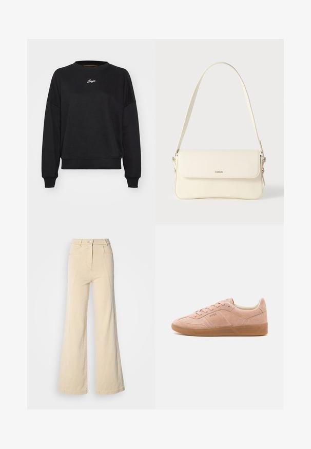 Sweatshirt noir à col rond, épaules tombantes et manches à bords côtes. Présente un subtile logo brodé en blanc sur la poitrine. Texture du tissu lisse.; Jeans beige à jambes larges avec taille haute, poches avant, et couture contrastée, dotés d'une fermeture à bouton et d'une texture en coton lisse.; Baskets en suède rose clair avec une semelle en caoutchouc, bout arrondi et fermeture à lacets. Présente un logo minimaliste sur le côté et le talon.; Sac à bandoulière en cuir couleur crème avec fermeture à rabat, quincaillerie argentée, une bandoulière réglable et un logo discret.