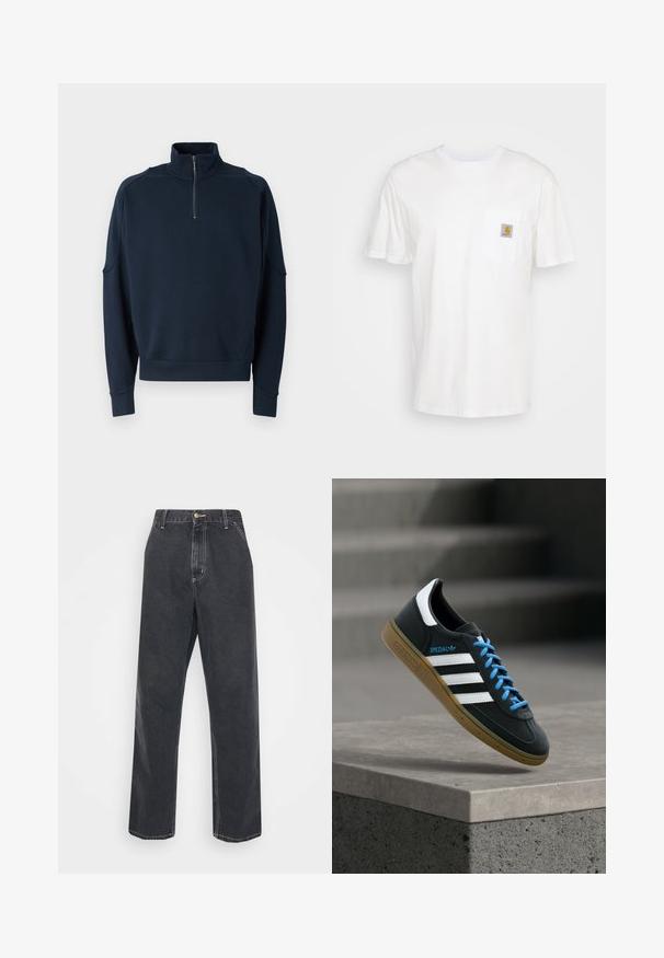 Sudadera azul marino con cremallera, que presenta un alto cuello, puños acanalados y una textura suave. Logotipo sutil en el pecho. Diseño clásico y casual.; Camiseta de algodón blanca con mangas cortas, un bolsillo en el pecho y un pequeño parche cuadrado de logo en naranja y blanco en el bolsillo.; Carhartt WIP SIMPLE PANT - Vaqueros boyfriend - black heavy stone wash; Zapatilla negra Adidas con franjas blancas, cordones azules y suela de goma flotando sobre un escalón de hormigón gris con luz suave.